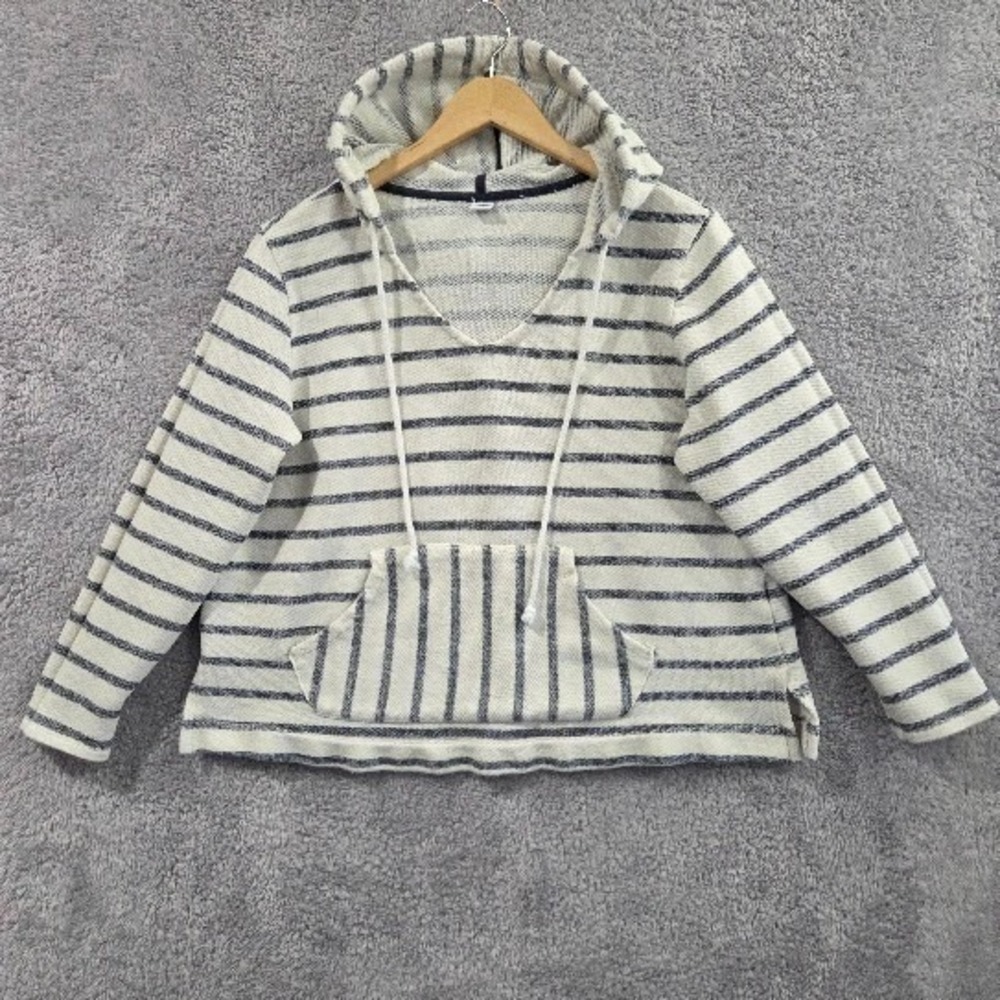 Old Navy Textured Beach Hoodie Women's Large Blue White Striped V-Neck Pullover